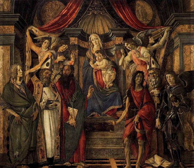 BOTTICELLI, Sandro The Virgin and Child with Four Angels and Six Saints Spain oil painting art